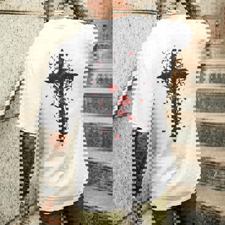 赤いバラのゴシック・クロス 長袖tシャツ メンズTシャツ バックプリント 彼への贈り物