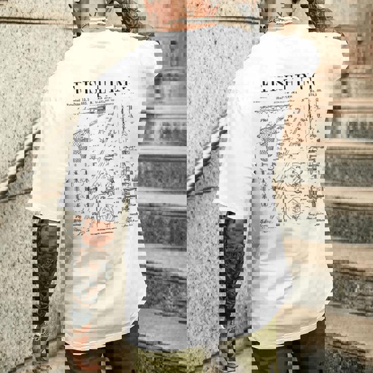 釣り ロッド タックル リール ルアー フィッシャーマン ヴィンテージ 特許 プリント メンズTシャツ バックプリント 彼への贈り物