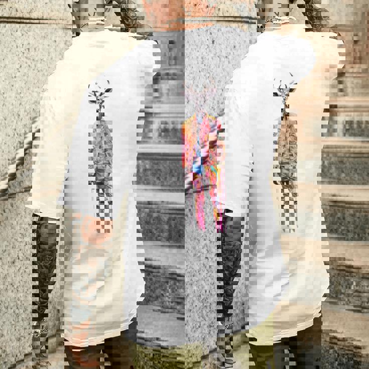 鹿 人間 アート カラフル 動物 絵画 グラフィック 鹿 メンズTシャツ バックプリント 彼への贈り物