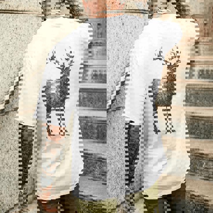 鹿 動物 プリント モチーフ 図面 イラスト ポートレート 鹿 メンズTシャツ バックプリント 彼への贈り物