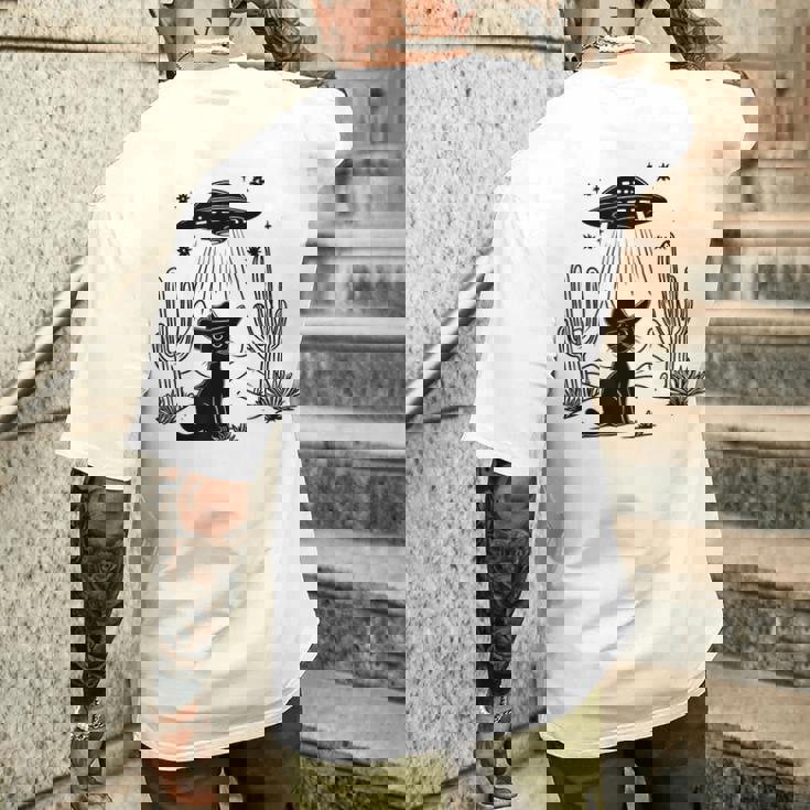 黒猫 カウボーイハット ウェスタン Ufo エイリアン 面白い かわいい メンズTシャツ バックプリント 彼への贈り物