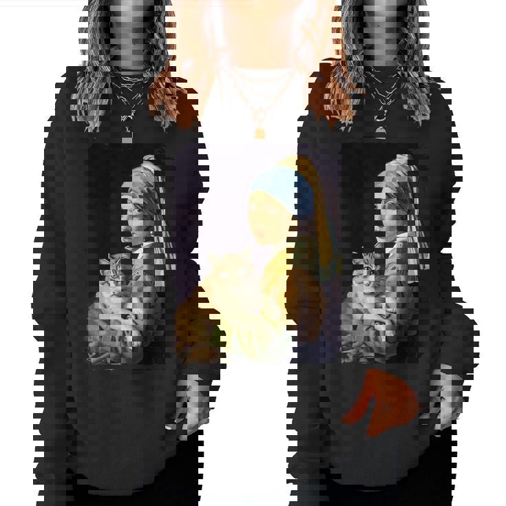 Girl With A Pearl Earring And A Cat 名画パロディ アート猫 レディーススウェットシャツ