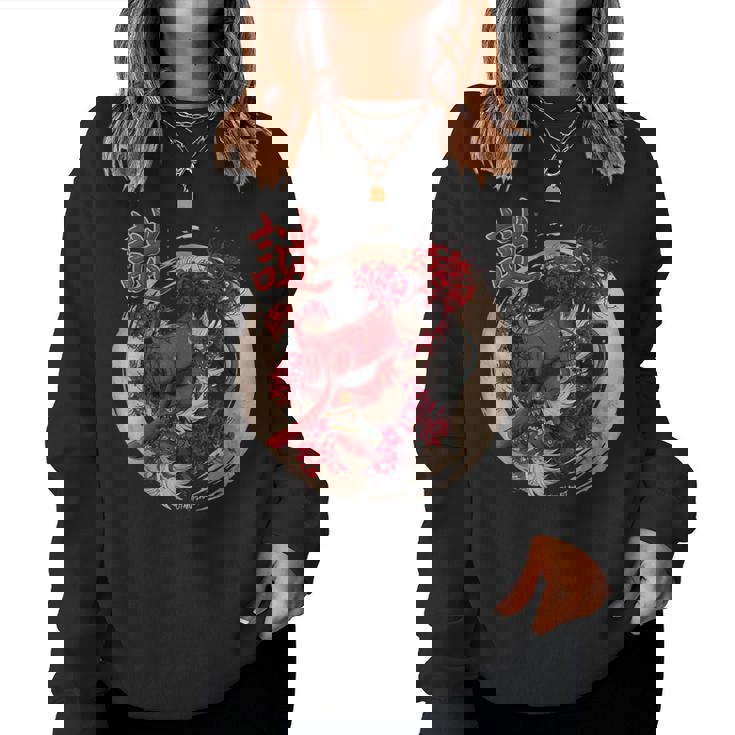 Redpider Lily の 彼岸花 または ヒガンバナ と 日本の天狗の面 の グラフィック レディーススウェットシャツ