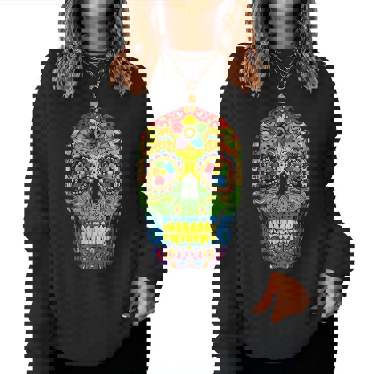 Sugarkull Lgbt Gay Pride Rainbow Flag Day Of The Dead レディーススウェットシャツ