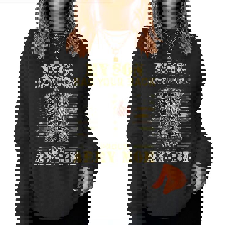 メンズ アメリカ国旗デザイン Myon Has Your Back Proud Army Mom レディーススウェットシャツ