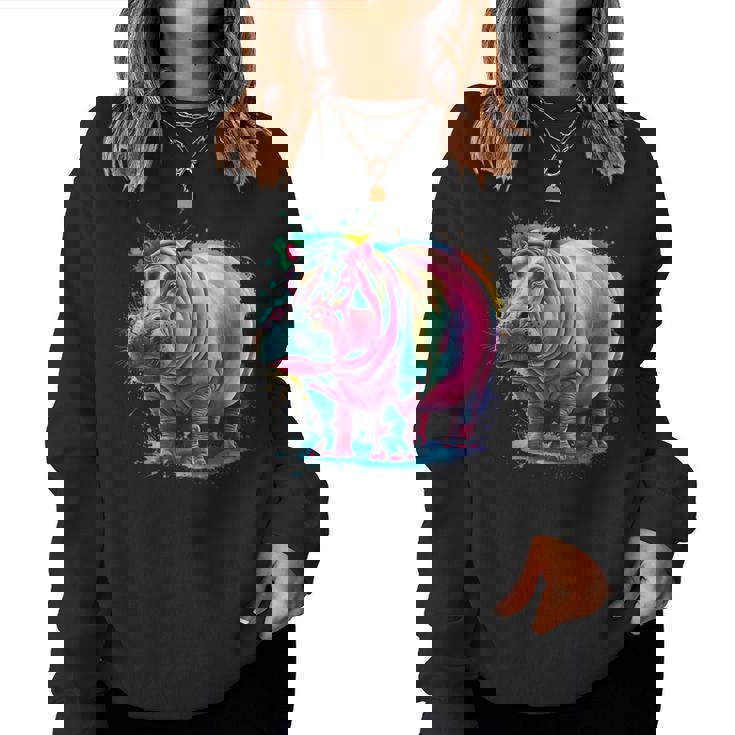 カバ 男性 女性 カラフル 水彩 カバ レディーススウェットシャツ