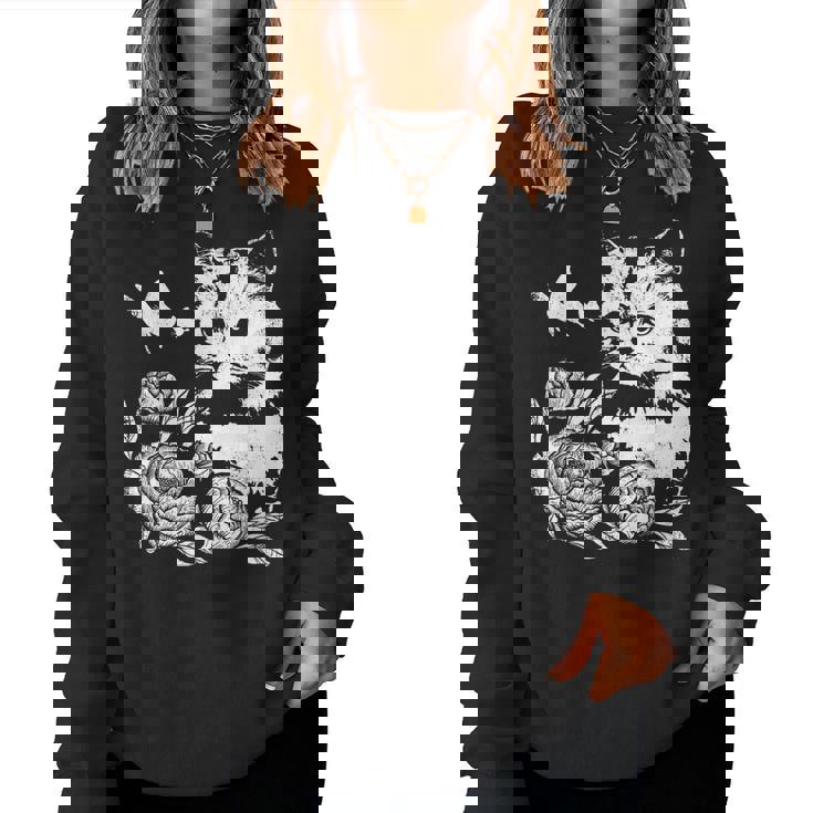 バラと蝶の猫、花柄 レディーススウェットシャツ