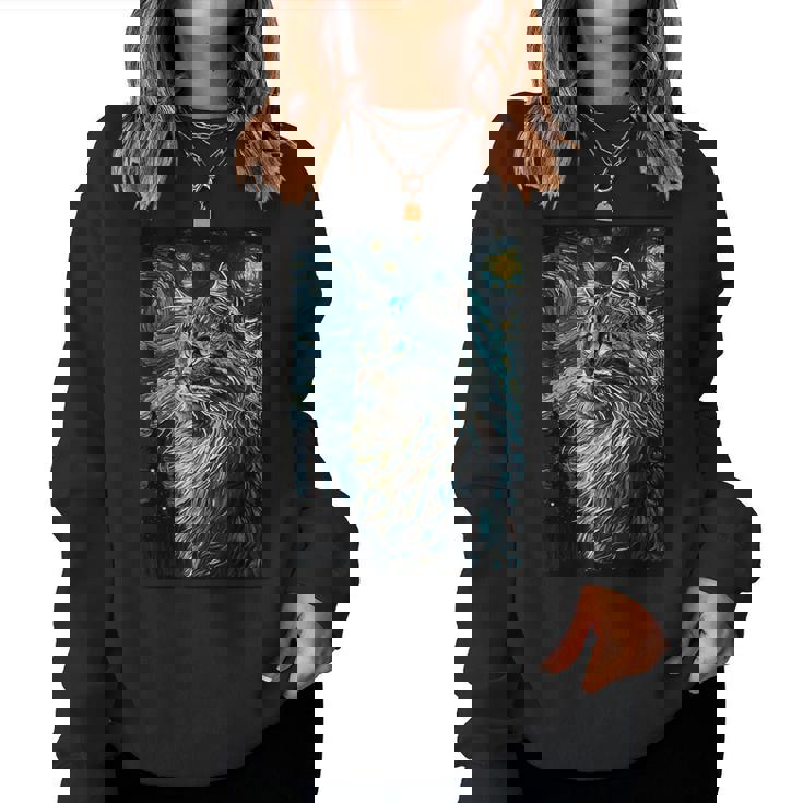 メインクーン 猫 ゴッホ 星月夜 猫好き 猫 お母さん お父さん レディーススウェットシャツ