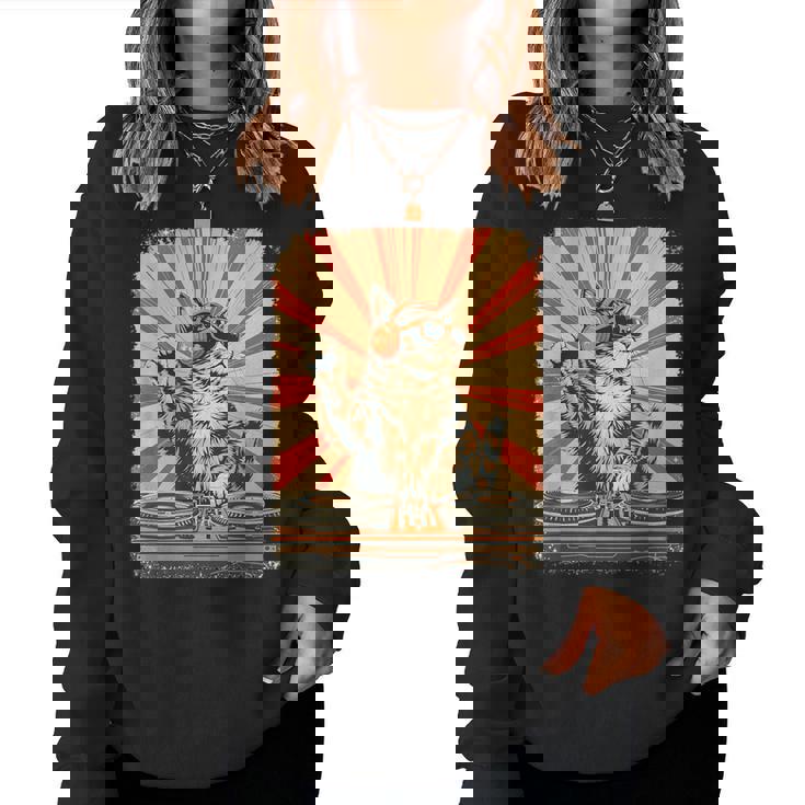 レトロ Dj 猫 ヘッドフォン付き ディスコ 音楽愛好家 男性 女性 キッズ レディーススウェットシャツ