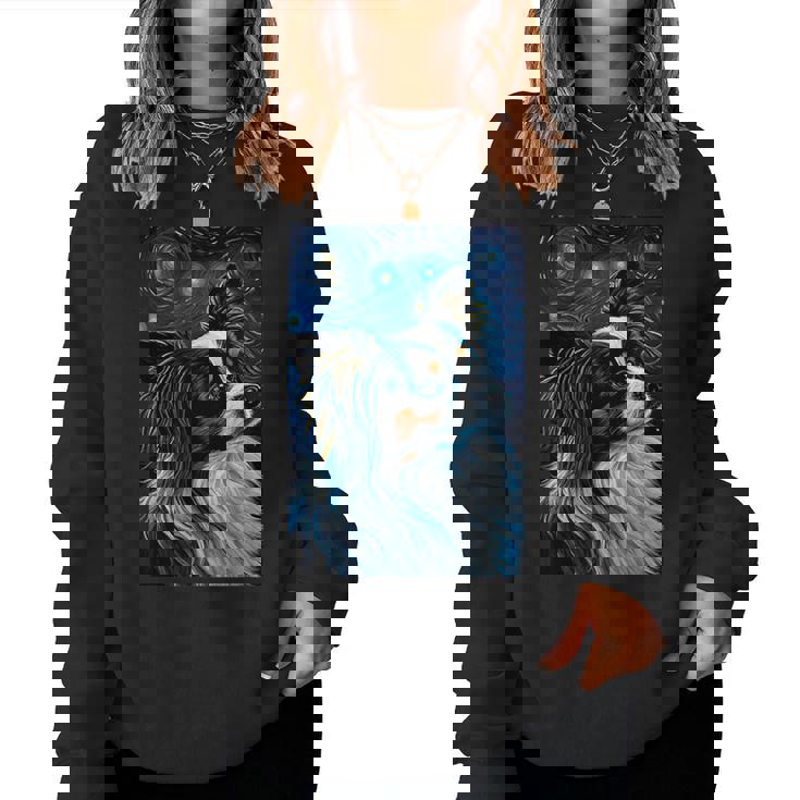 星月夜のパピヨン 絵画 犬 お母さん お父さん レディーススウェットシャツ