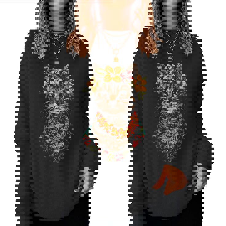 猫 ハワイアン 花 フラ ハイビスカス 面白い かわいい ハワイ レディーススウェットシャツ