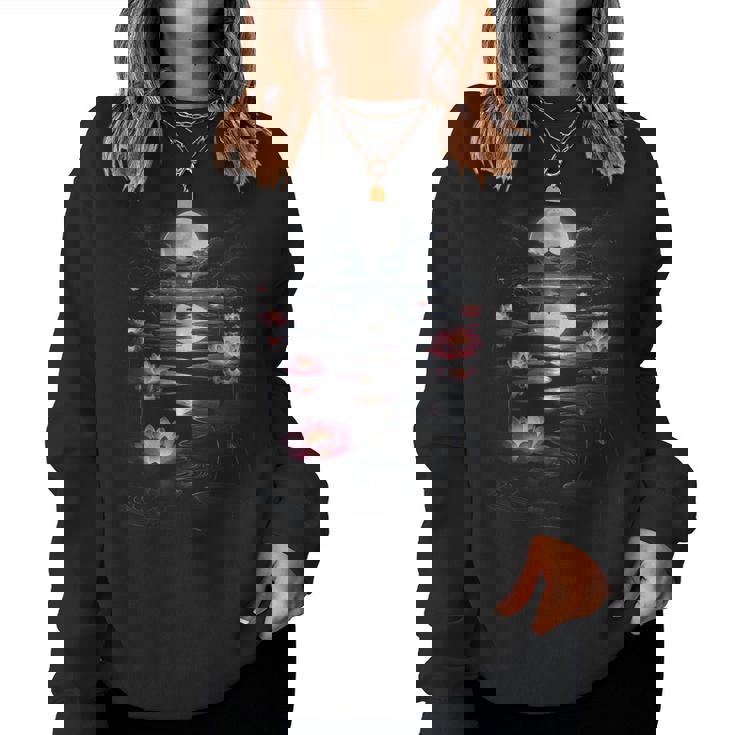 蓮の花 日本の月 反射 自然 恋人 デザイン レディーススウェットシャツ