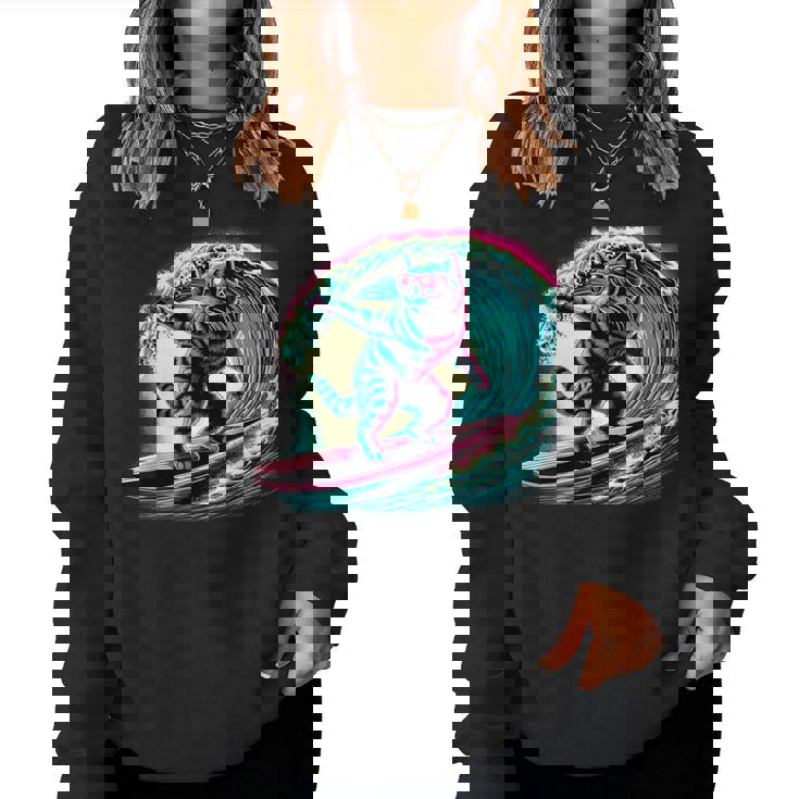 面白い猫 サーフィン ギフト 男性 女性 子供 面白い 猫 サーファー レディーススウェットシャツ