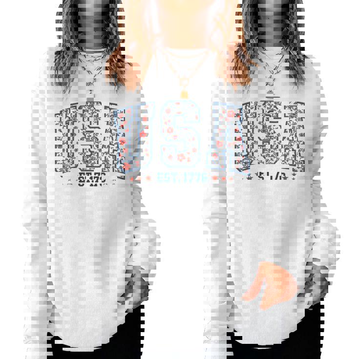 Floral Usa Retro America 4Th Of July Patriotic Girly Women Sweatshirt