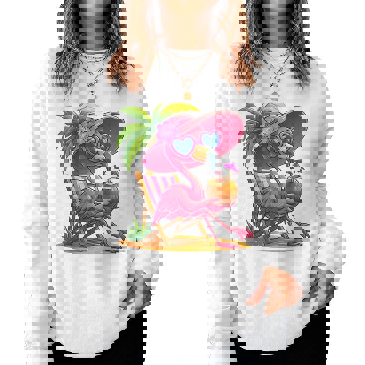 Summer Vibes Pink Flamingo Beach Palm Tree Summer Vacation Women Sweatshirt