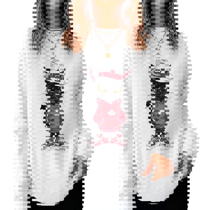 カナダデー 面白い クール 黒猫 カナダ国旗 キッズ 女の子 男の子 レディーススウェットシャツ