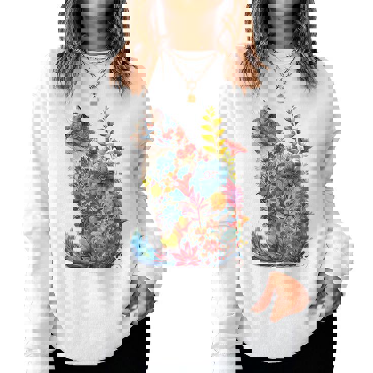 カラフル 花 猫 レディーススウェットシャツ