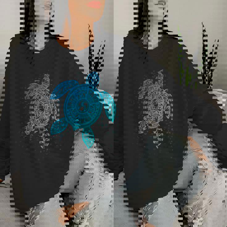 Boho Tiki ティールウミガメ 気泡付き 亀 レディーススウェットシャツ 彼女への贈り物