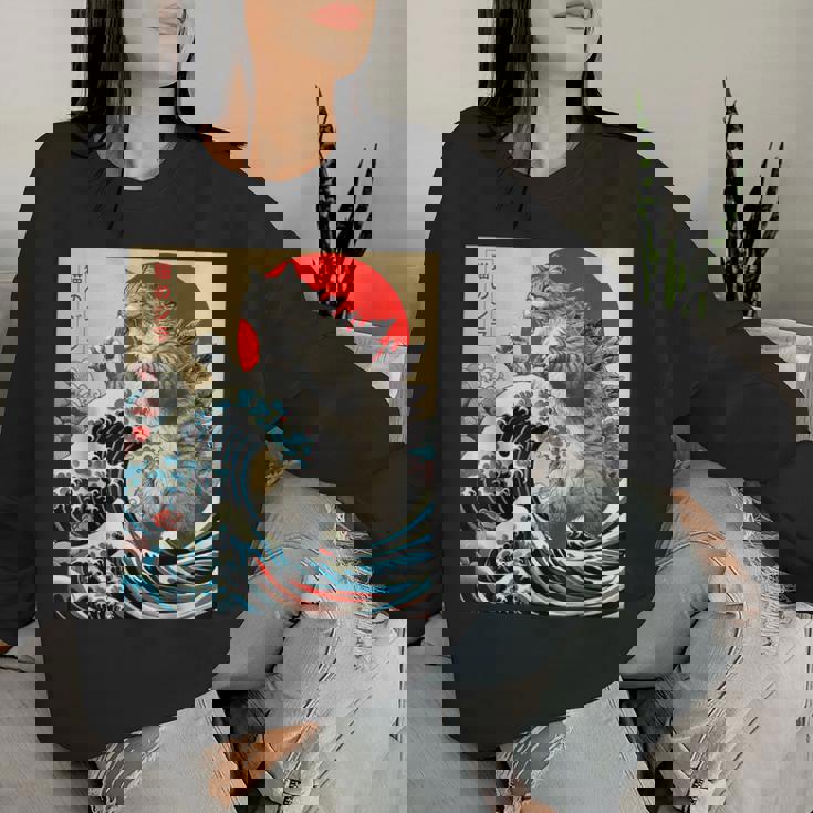 Catzilla Cat 日本アート 面白い猫 ギフト 男性 女性 子供 レディーススウェットシャツ 彼女への贈り物