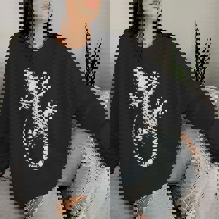 Gecko Dad Mom Lover モノクロ ヤモリ レディーススウェットシャツ 彼女への贈り物