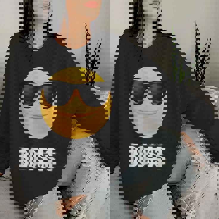 Girl & Boy Boss サングラス 顔文字シャツ クールな顔 レディーススウェットシャツ 彼女への贈り物