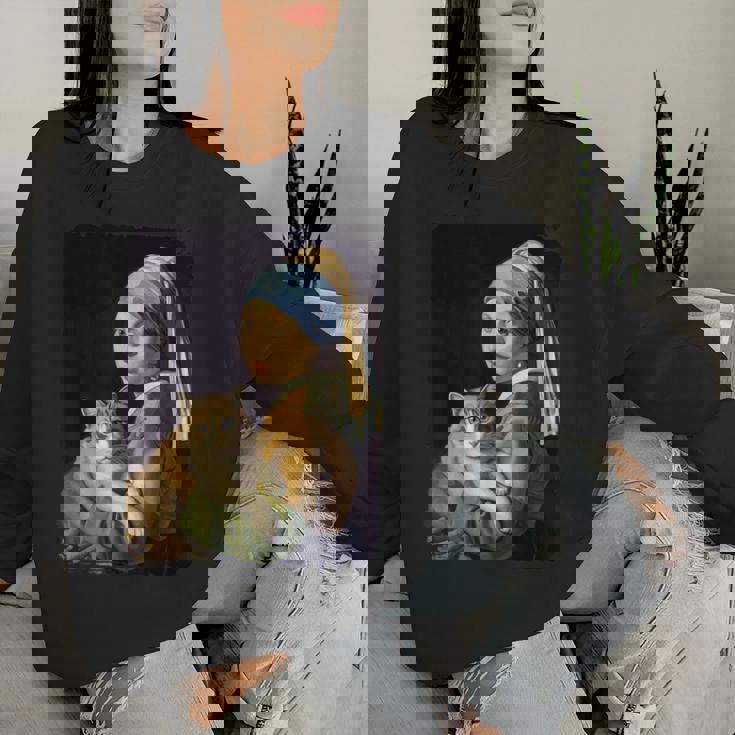 Girl With A Pearl Earring And A Cat 名画パロディ アート猫 レディーススウェットシャツ 彼女への贈り物