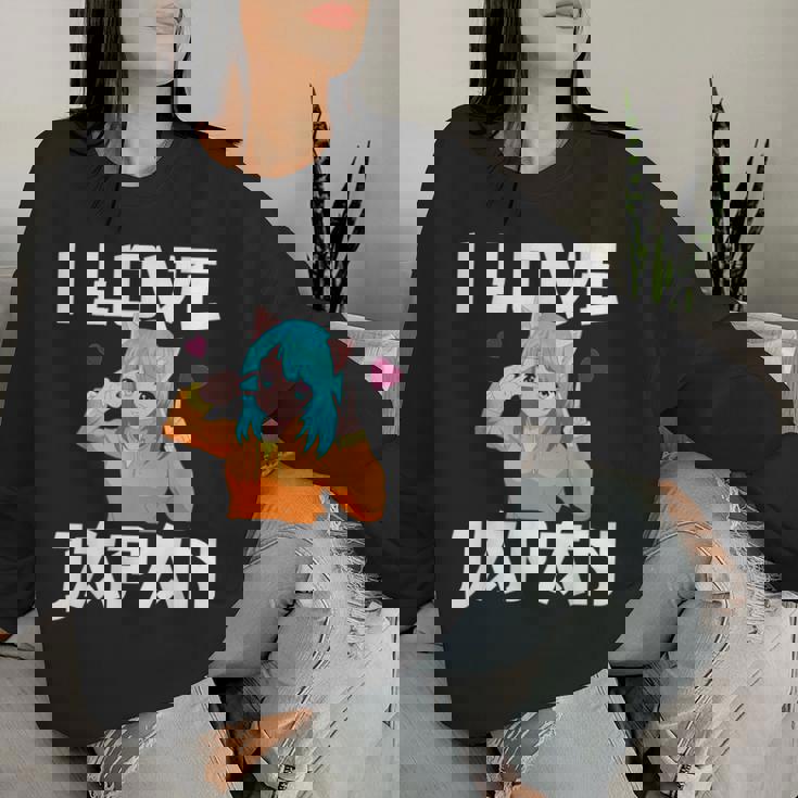 I Love Japan Kawaii Anime Girl Neko Cat Girl Otaku Weeb レディーススウェットシャツ 彼女への贈り物