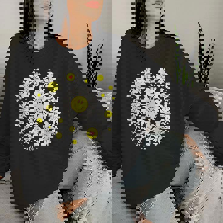 Stay Positive キュート スマイルフェイス 花 ハッピーフェイス 花 女の子 レディーススウェットシャツ 彼女への贈り物