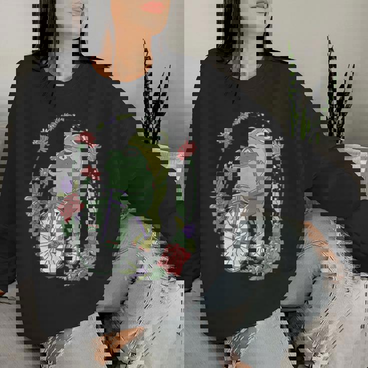 かわいい カエル 自転車 花 カワイイ 美的 気まぐれなロマンチック レディーススウェットシャツ 彼女への贈り物