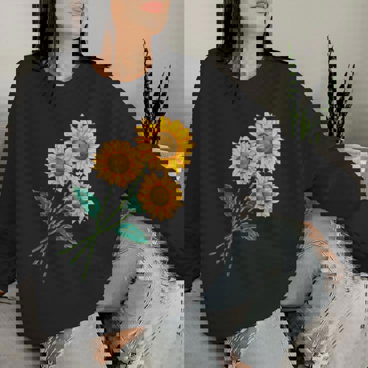 ひまわりの花束 春のフローラルガーデン 黄色の花 レディーススウェットシャツ 彼女への贈り物