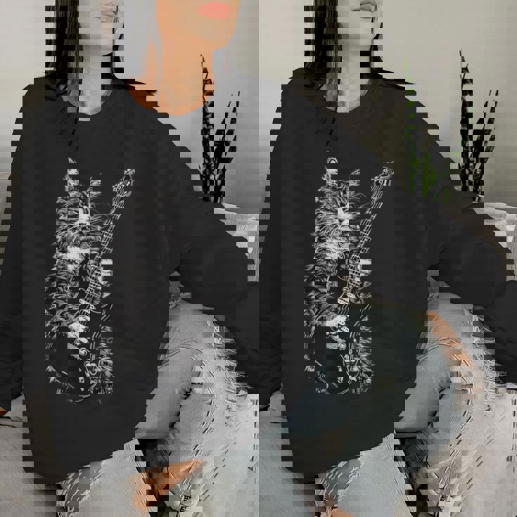 エレキギターを弾くロックキャット デザイン 男性 女性 レディーススウェットシャツ 彼女への贈り物