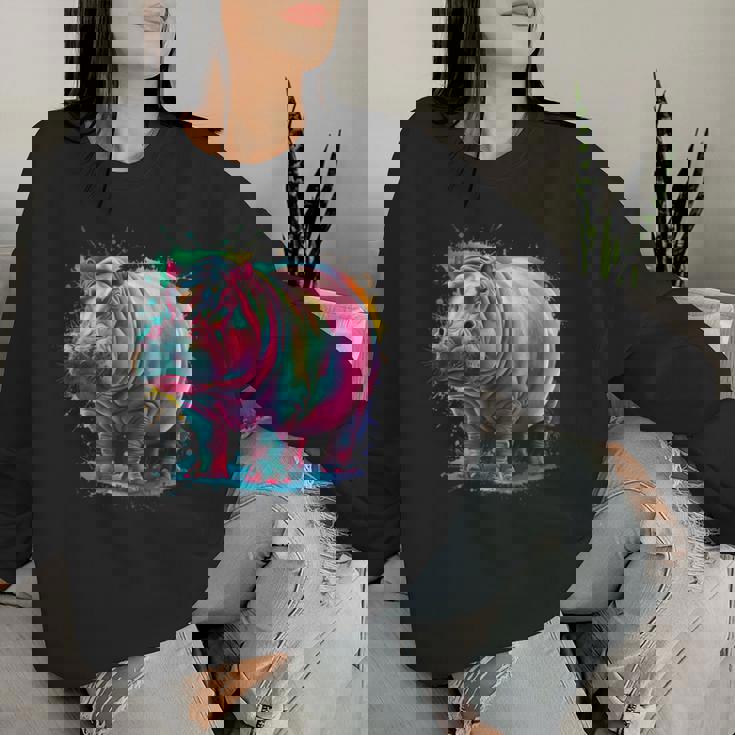 カバ 男性 女性 カラフル 水彩 カバ レディーススウェットシャツ 彼女への贈り物