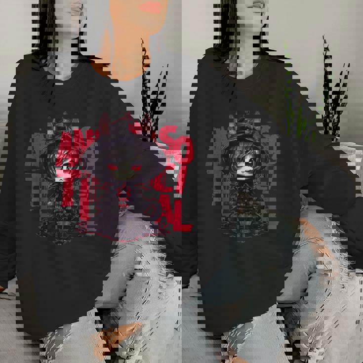 カワイイ アニメ ゴシック 猫 女の子 ちび 反社会的 メンヘラ グランジ レディーススウェットシャツ 彼女への贈り物