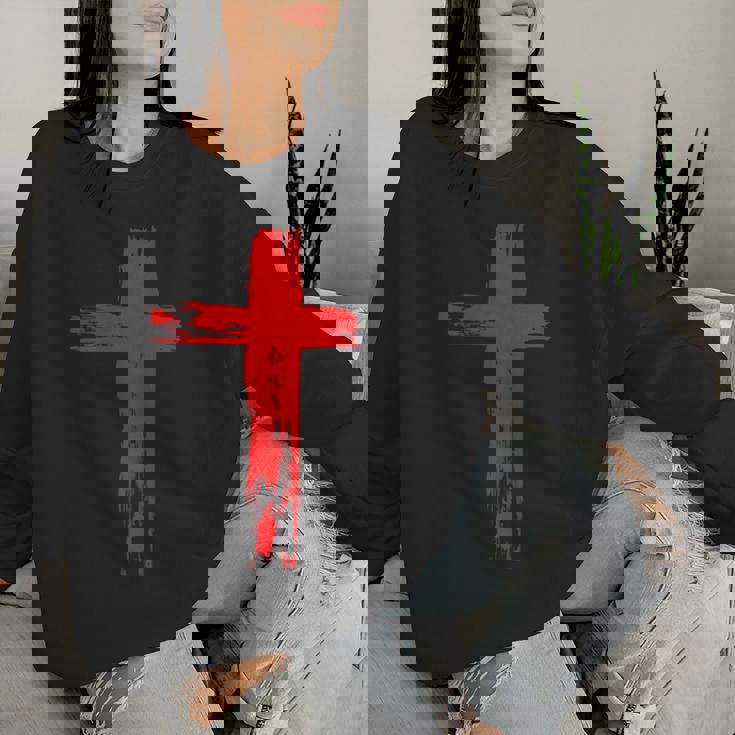 タトゥーレッドクロスオーダー I Christian I Brushtroke I Cross レディーススウェットシャツ 彼女への贈り物