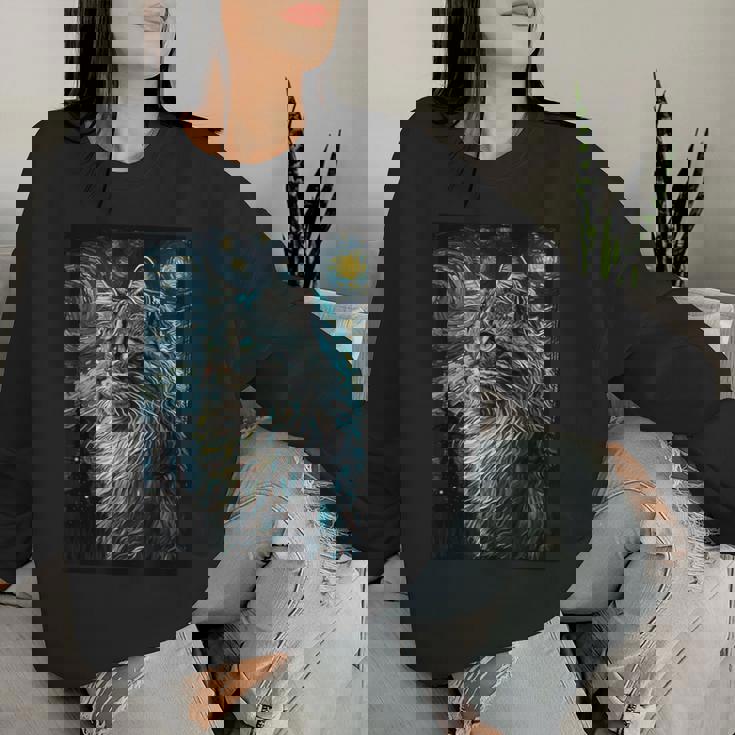 メインクーン 猫 ゴッホ 星月夜 猫好き 猫 お母さん お父さん レディーススウェットシャツ 彼女への贈り物