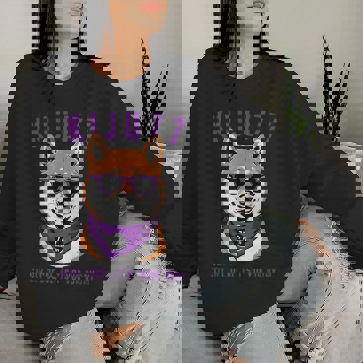 喜寿祝い 犬 柴犬 サングラス 父 男性 女性 母 犬好き 喜寿 お祝い 77歳 おもしろ おもろい レディーススウェットシャツ 彼女への贈り物