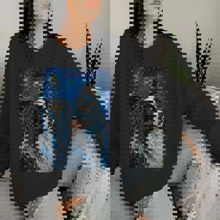 星月夜のパピヨン 絵画 犬 お母さん お父さん レディーススウェットシャツ 彼女への贈り物