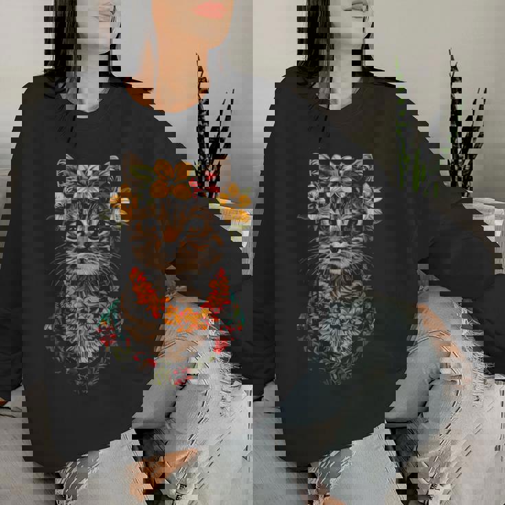 猫 ハワイアン 花 フラ ハイビスカス 面白い かわいい ハワイ レディーススウェットシャツ 彼女への贈り物