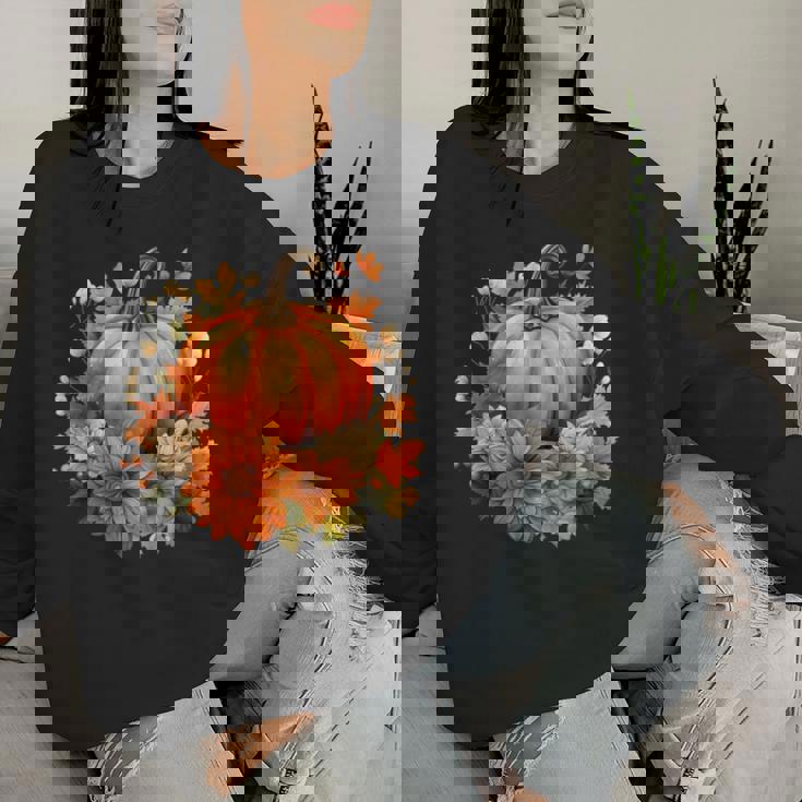 秋の花とカボチャ レディーススウェットシャツ 彼女への贈り物