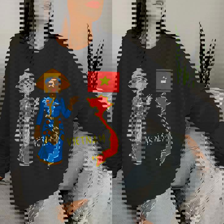 美しい笑顔のベトナムの女の子、旗とベトナムの地図 レディーススウェットシャツ 彼女への贈り物