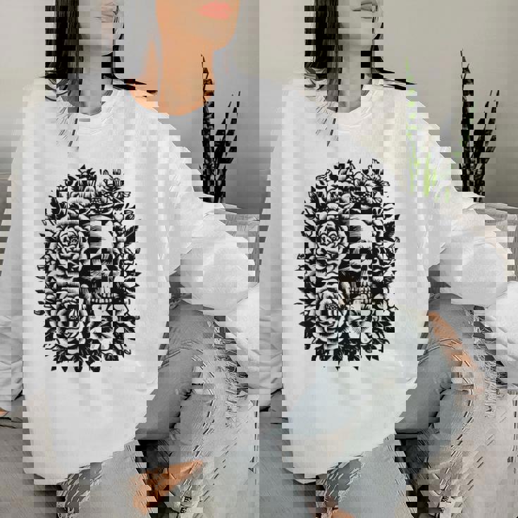 Skull Flower Rad Rock N Roll Graphic Retro レディーススウェットシャツ 彼女への贈り物