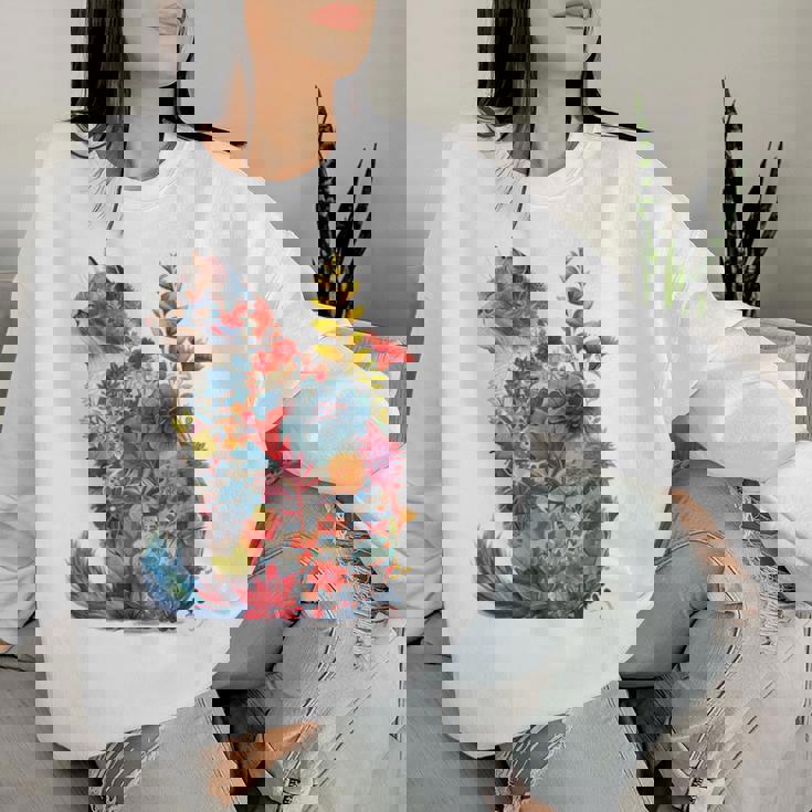 カラフル 花 猫 レディーススウェットシャツ 彼女への贈り物