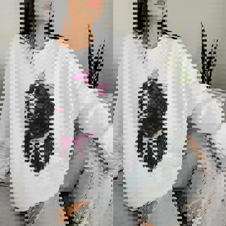 コケット リボン ニューファンドランド 犬 犬 ママ ピンクリボン 女の子 レディーススウェットシャツ 彼女への贈り物