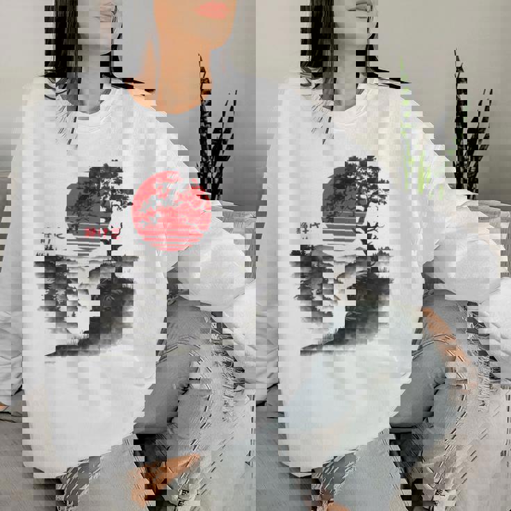 日本の木 赤い月 絵画 日本 夕日 男性 女性 レディーススウェットシャツ 彼女への贈り物