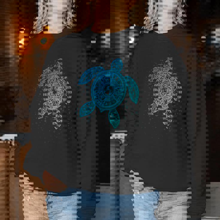 Boho Tiki ティールウミガメ 気泡付き 亀 レディーススウェットシャツ 面白い贈り物