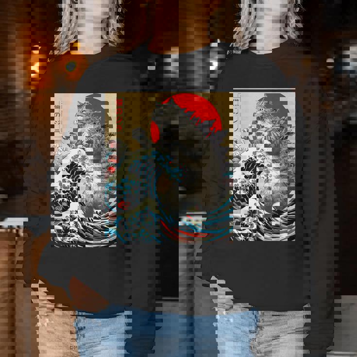 Catzilla Cat 日本アート 面白い猫 ギフト 男性 女性 子供 レディーススウェットシャツ 面白い贈り物