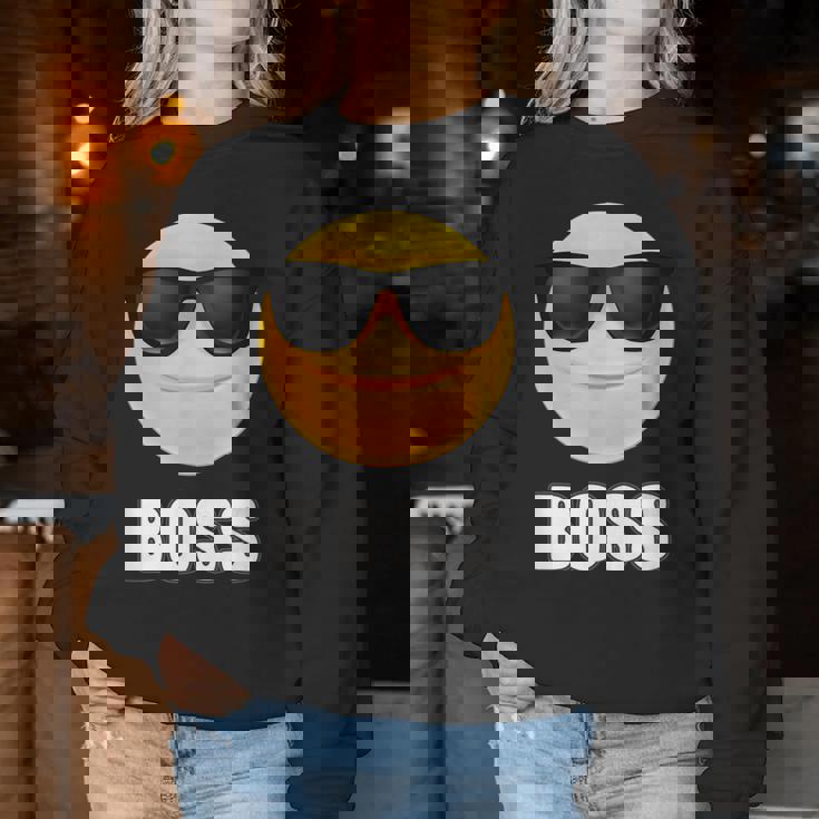 Girl & Boy Boss サングラス 顔文字シャツ クールな顔 レディーススウェットシャツ 面白い贈り物