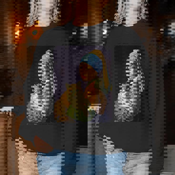 Girl With A Pearl Earring And A Cat 名画パロディ アート猫 レディーススウェットシャツ 面白い贈り物