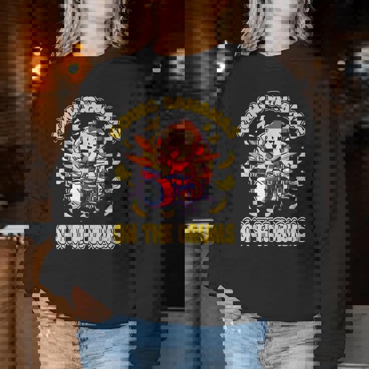 Going Bananas On The Drums 面白いドラム演奏 猿 レディーススウェットシャツ 面白い贈り物