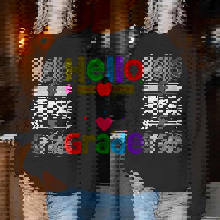 Hello First Grade Back Tochool 1St Day Of 1St Grade レディーススウェットシャツ 面白い贈り物